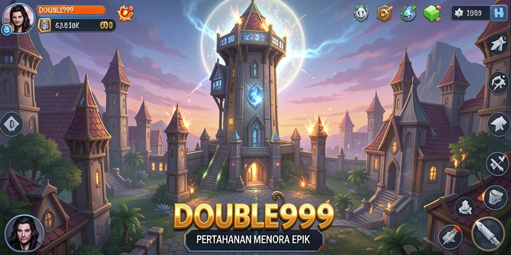 Screenshot gameplay DOUBLE999 menampilkan menara yang siap bertahan dari serangan musuh.