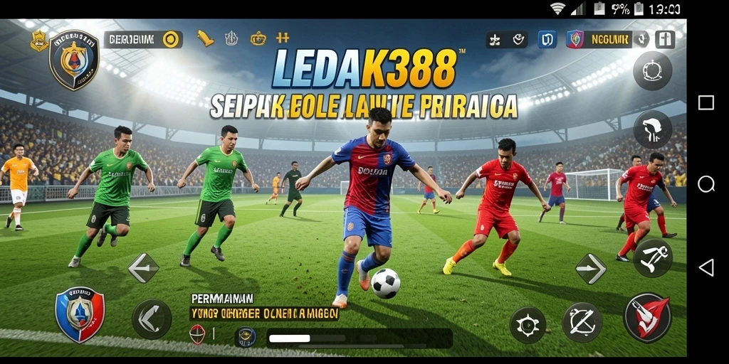 Tangkapan layar gameplay LEDAK388 yang menampilkan aksi sepak bola yang mendebarkan.