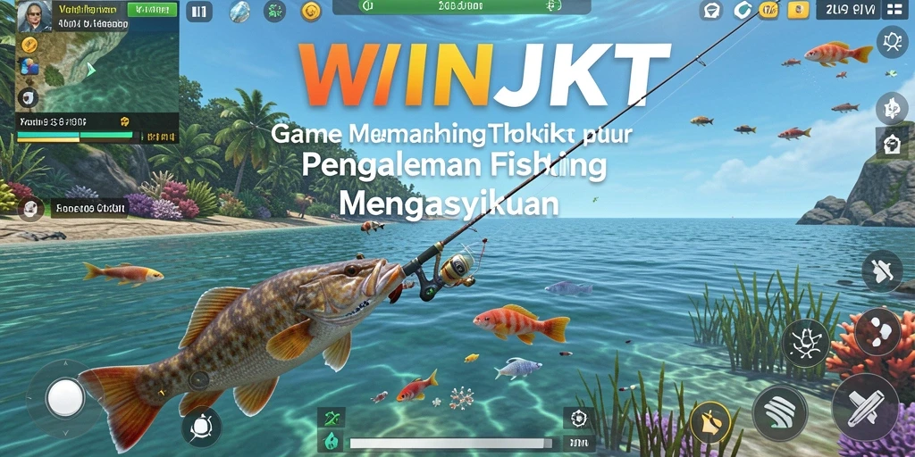 Tangkapan layar utama dari gameplay WINJKT yang menunjukkan momen memancing yang seru.