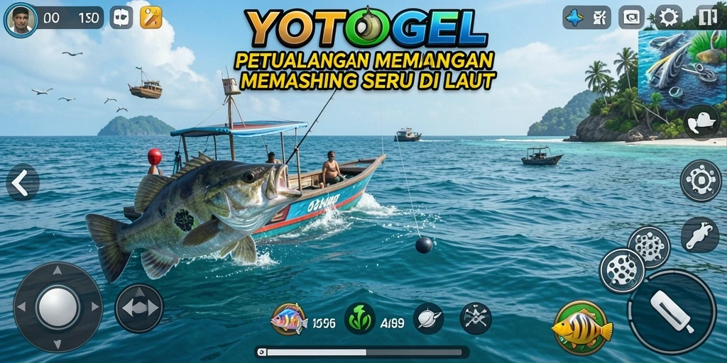 Tampilan gameplay YOTOGEL yang menampilkan momen memancing di laut.